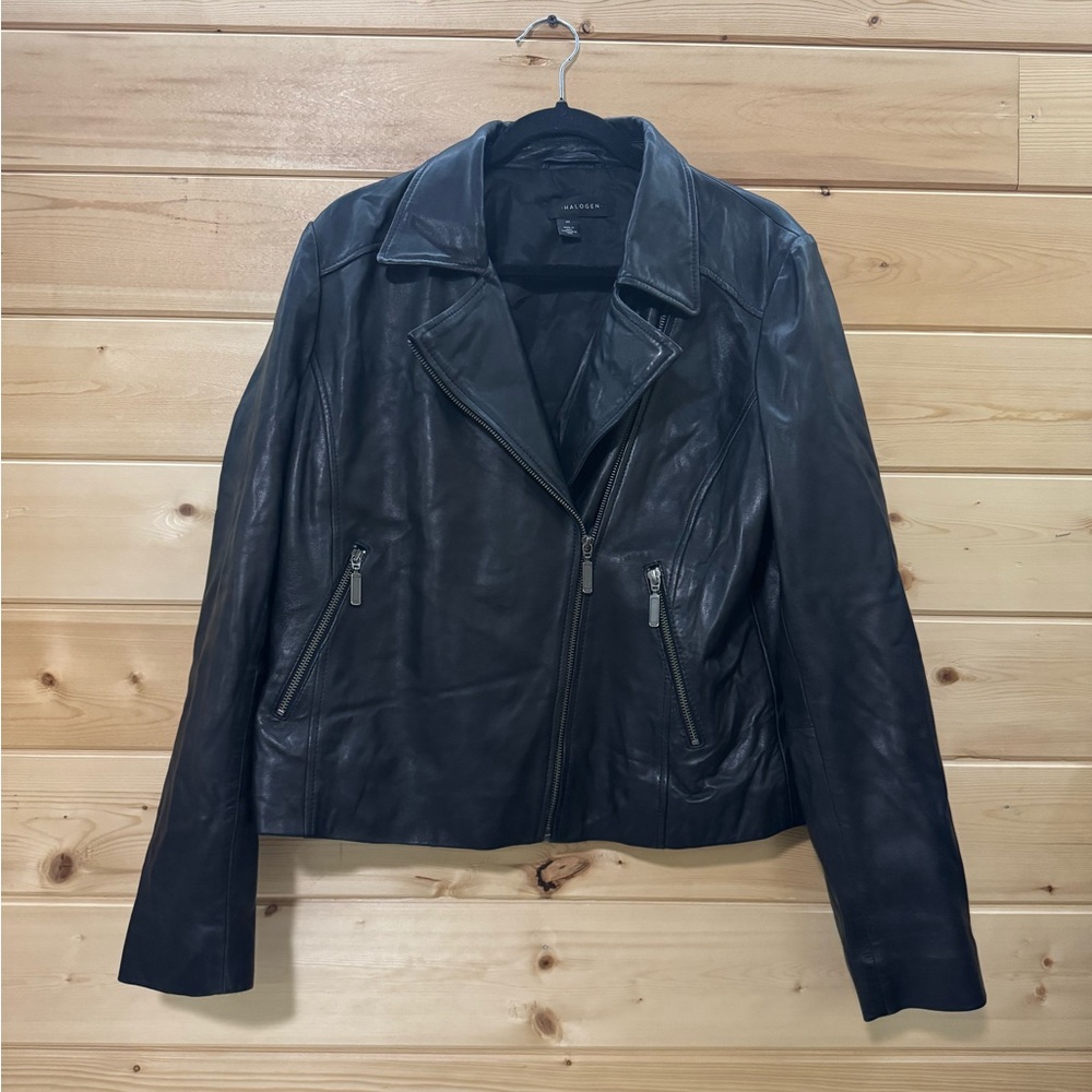Halogen Dark Leather Jacket with Zipper Accents